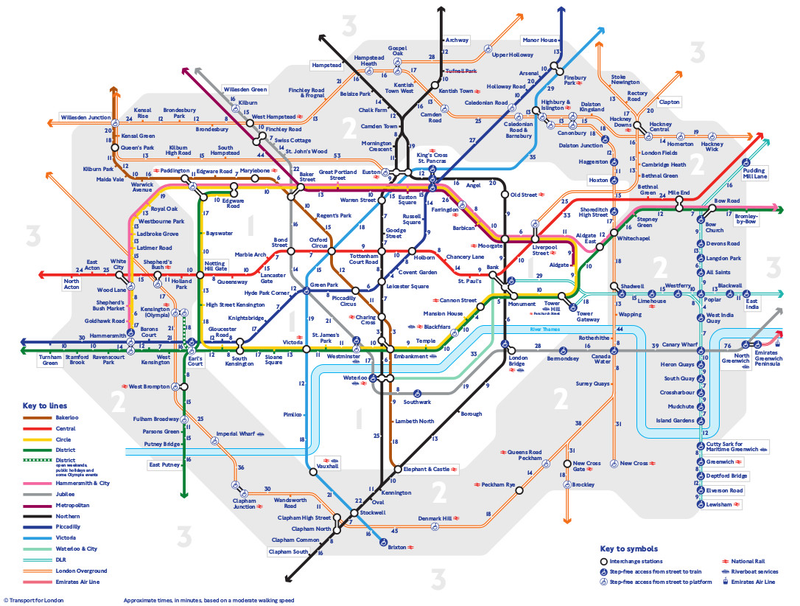 Illustration for article titled New London Tube Map Shows How Long It Takes to Walk, Not Ride a Train